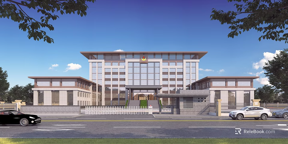 Modern Office Building Exterior Design With Glass Facade Main Entrance And Symmetrical Structure 3d model 