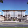 Modern Office Building Exterior Design With Glass Facade Main Entrance And Symmetrical Structure