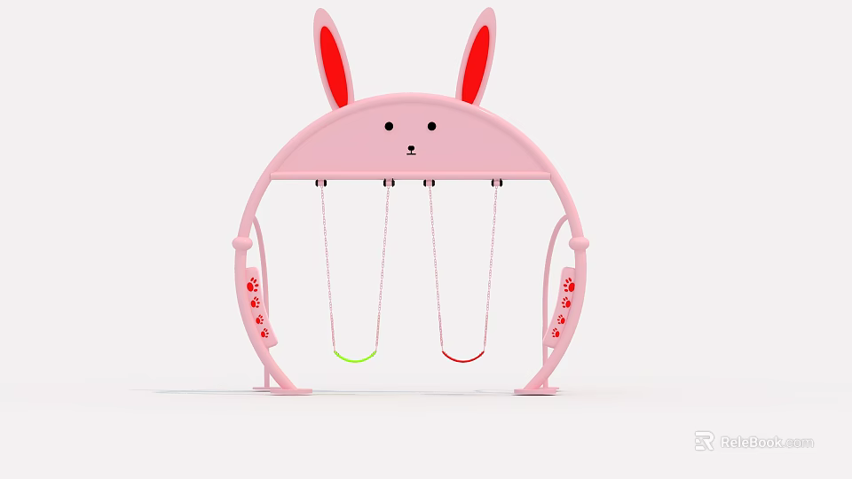 Pink Rabbit Shaped Playground Swing With Two Seats And Red Flower Decorations 3d model 