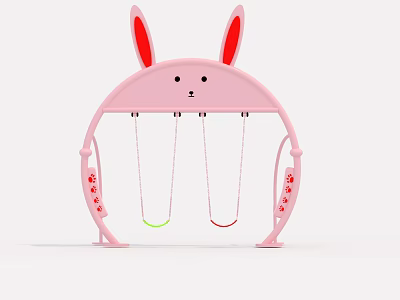 Pink Rabbit Shaped Playground Swing With Two Seats And Red Flower Decorations 3d model