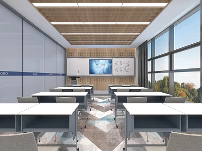 School Spacious Modern Classroom With Student Desks Large Screen Wooden Ceiling And Big Windows 3d model