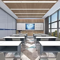 School Spacious Modern Classroom With Student Desks Large Screen Wooden Ceiling And Big Windows