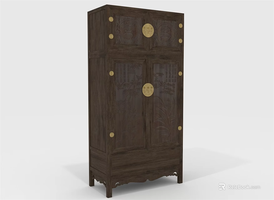 Dark Wooden Chinese Traditional Wardrobe With Brass Circular Decorations And Cabinet Doors 3d model 