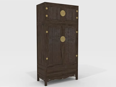 Dark Wooden Chinese Traditional Wardrobe With Brass Circular Decorations And Cabinet Doors 3d model