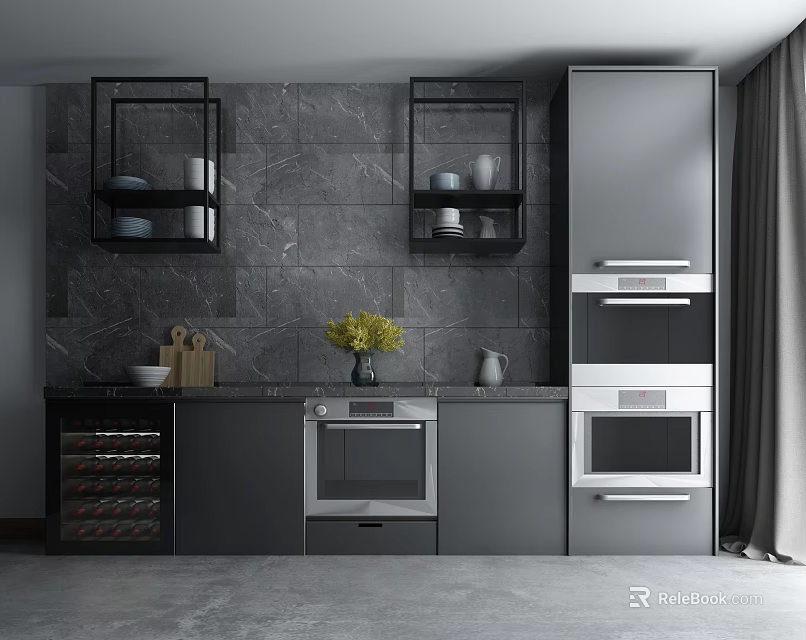 Modern Kitchen With Gray Cabinets Built in Oven Microwave And Marble Backsplash 3d model 
