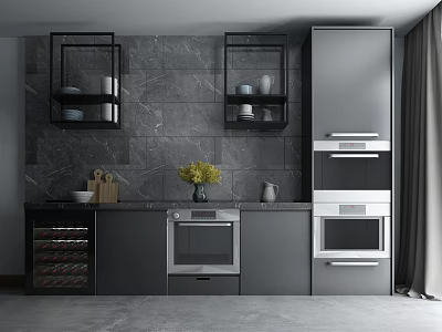 Modern Kitchen With Gray Cabinets Built in Oven Microwave And Marble Backsplash 3d model