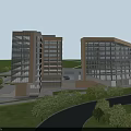 Modern Residential Buildings With Glass Curtain Walls Geometric Design Lush Greenery Trees And River