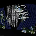 Banquet Hall Decorated With Navy Blue Curtains Crystal Drapes And Floral Arrangements