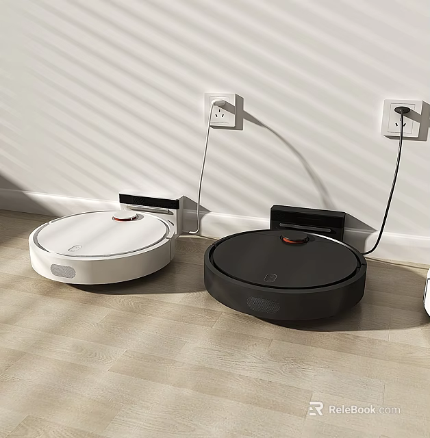 White and Black Robot Vacuums on Charging Docks on Wooden Floor Against Wall 3d model 