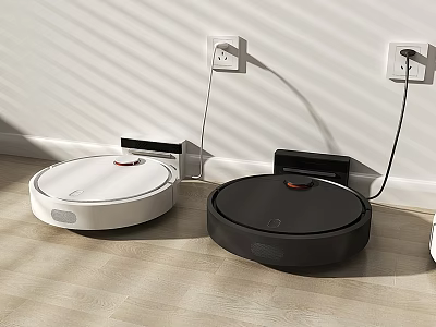 White and Black Robot Vacuums on Charging Docks on Wooden Floor Against Wall 3d model