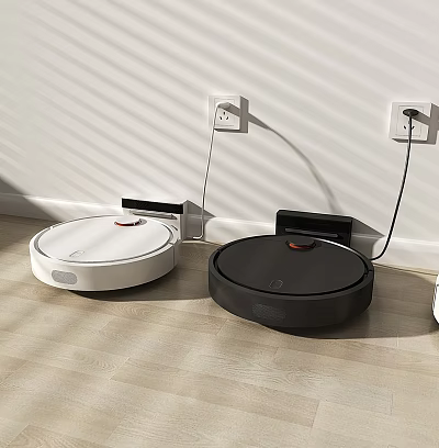 White and Black Robot Vacuums on Charging Docks on Wooden Floor Against Wall 3d model
