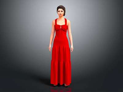 Portrait Of Elegant Woman In Red Long Dress Standing Against Gray Background 3d model