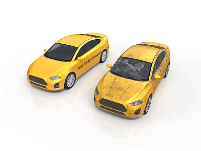 Two Yellow Sedans One Intact and One Damaged with Cracked Windshield and Scratched Body 3d model