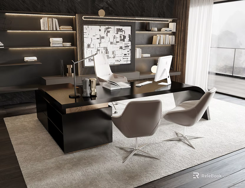 Modern Office Interior With Black Desk Light Gray Chairs Bookshelves And Window View 3d model 