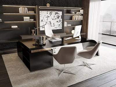 Modern Office Interior With Black Desk Light Gray Chairs Bookshelves And Window View 3d model