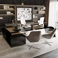 Modern Office Interior With Black Desk Light Gray Chairs Bookshelves And Window View