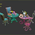 Colorful Furniture Set With Blue Pink Tables Chairs And Tea Dessert Items