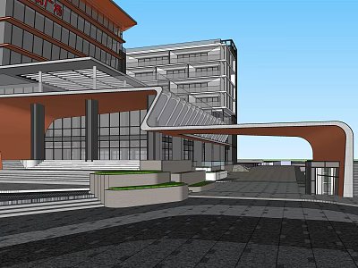 Modern Architectural Building With Glass Facade Orange Exterior Canopy Structure And Plaza Pavement 3d model