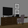 Dark Wooden Desk Setup With Gray Chair Framed Pictures And Items On Top