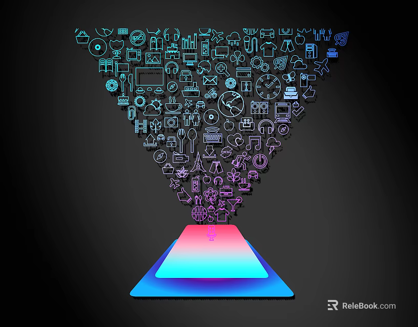 Colorful Icon Lines Forming Funnel Shape Above Gradient Tablet Device 3d model