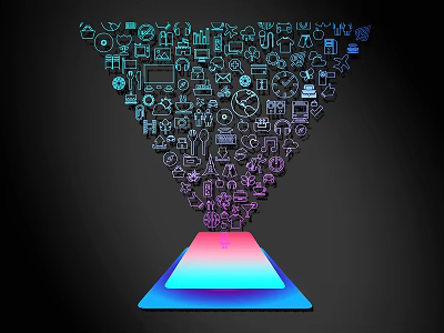 Colorful Icon Lines Forming Funnel Shape Above Gradient Tablet Device 3d model