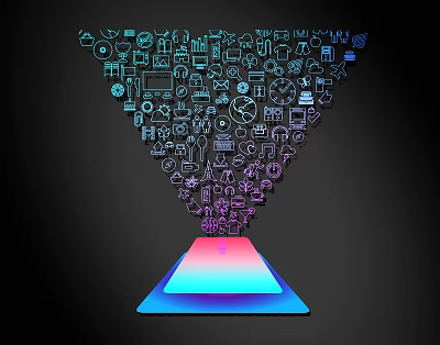 Colorful Icon Lines Forming Funnel Shape Above Gradient Tablet Device 3d model