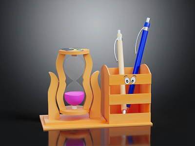 Wooden Desktop Hourglass with Pink Sand and Pen Stand Featuring Eye Design and Pens 3d model