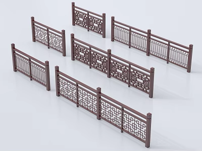 Traditional Chinese Carved Wooden Railings with Intricate Patterns in Arranged 3d model