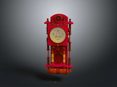 Vintage Red Wall Clock With Ornate Wooden Frame And Gold Accents 3d model