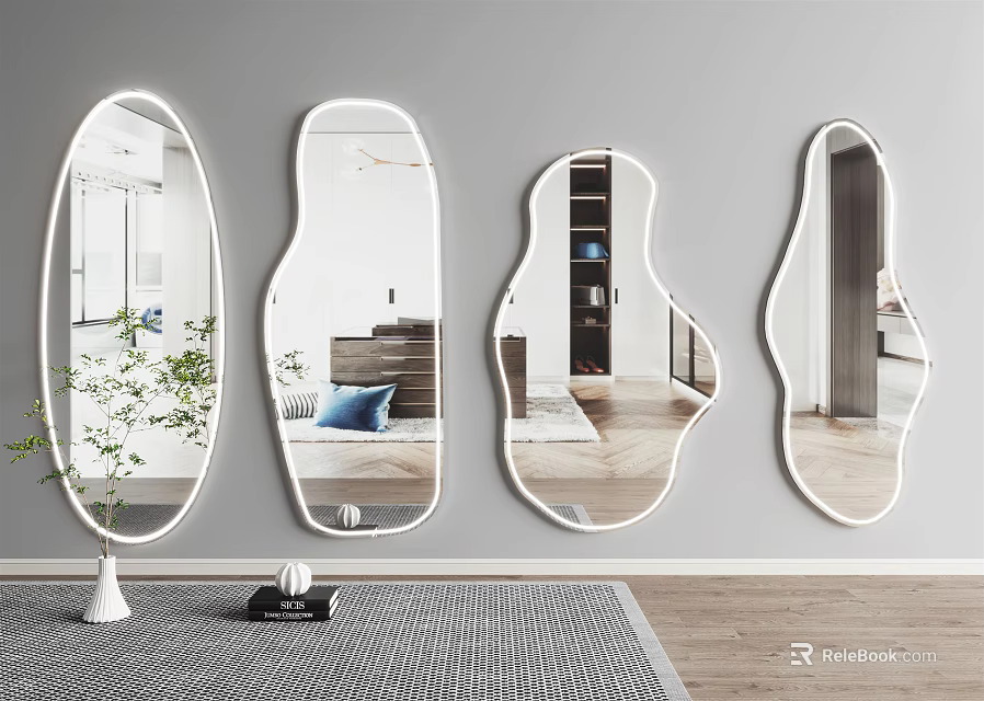 White Framed Mirrors in Different Shapes for Modern Interior Wall Decor 3d model 