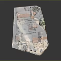 Architectural Model of Traditional Village Buildings with Red Tiled Roofs Tower and Green Trees