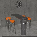 Metallic Circular Bar Counter With Star Emblem And Orange Padded High Stools In Grey Backdrop