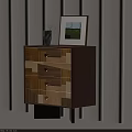 Modern Chest of Drawers with Patchwork Wooden Panels Vase and Framed Picture in Natural Light