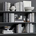 Stylish Decorative Ornaments Set With Ceramic Bowl Sculptural Decor And Books On Shelf