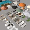 Outdoor Lounge Chairs In Various Styles And Colors With Umbrellas Poolside