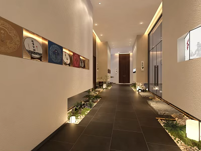 Modern Elevator Hallway With Decorative Paintings Green Plants And Dark Tiled Floor 3d model