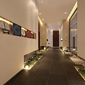 Modern Elevator Hallway With Decorative Paintings Green Plants And Dark Tiled Floor