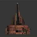 Cartoon Building Complex Scene With Round Base Tall Towers Red Tones And Checkerboard