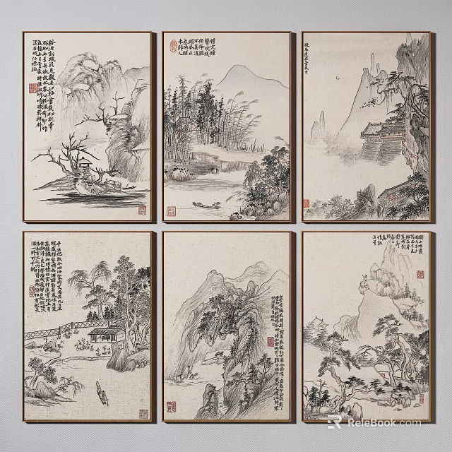 Traditional Chinese Ink Wash Landscape Paintings Six Panels With Mountain Water And Calligraphy 3d model 