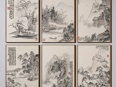 Traditional Chinese Ink Wash Landscape Paintings Six Panels With Mountain Water And Calligraphy 3d model