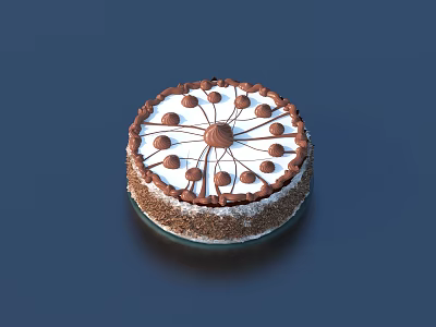 Delicious Round Cake With White Cream Chocolate Decorations And Cocoa Powder Base 3d model