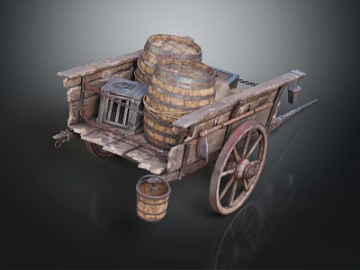 Vintage Old Wooden Cart Featuring Rustic Barrels Small Cage And Wooden Wheels 3d model