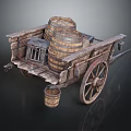 Vintage Old Wooden Cart Featuring Rustic Barrels Small Cage And Wooden Wheels
