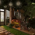 Natural Style Restaurant Interior With Green Plants Mushroom Decorations And Wooden Structure