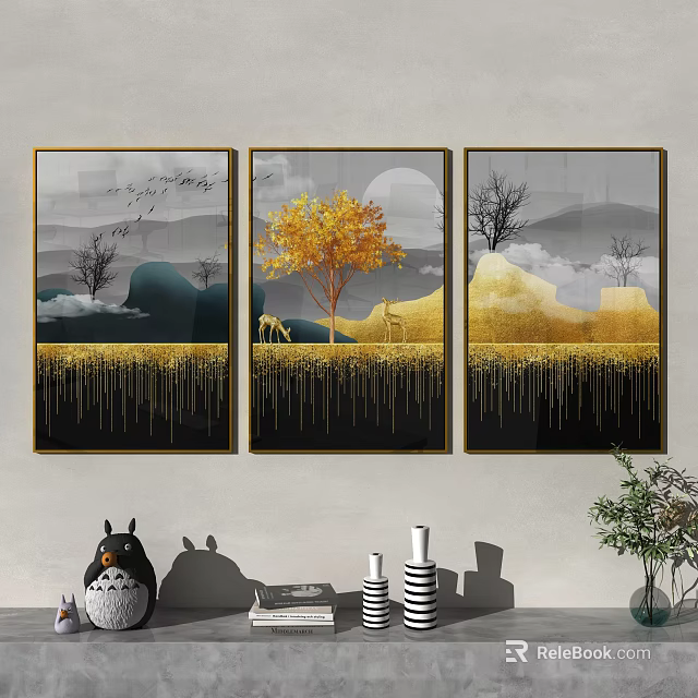 Interior Decorative Paintings With Golden Frames Tree Deer Mountains And Dripping Gold Effect 3d model
