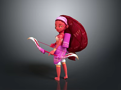 Fantasy Female Archer Character With Bow Arrow And Shell Creature Backpack Design 3d model