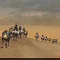 Ancient Caravan Camels Walking Across Desert Sand Dunes At Sunset Sky