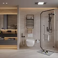 Modern Bathroom Interior With Glass Shower Enclosure Smart Toilet Vanity And Tiled Walls