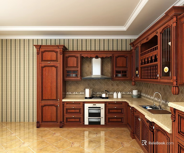 Elegant Traditional Kitchen Interior With Wooden Cabinets Striped Wallpaper And Countertop 3d model 