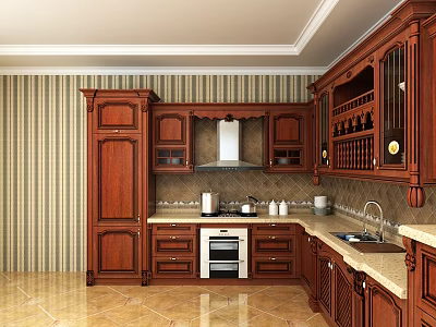 Elegant Traditional Kitchen Interior With Wooden Cabinets Striped Wallpaper And Countertop 3d model